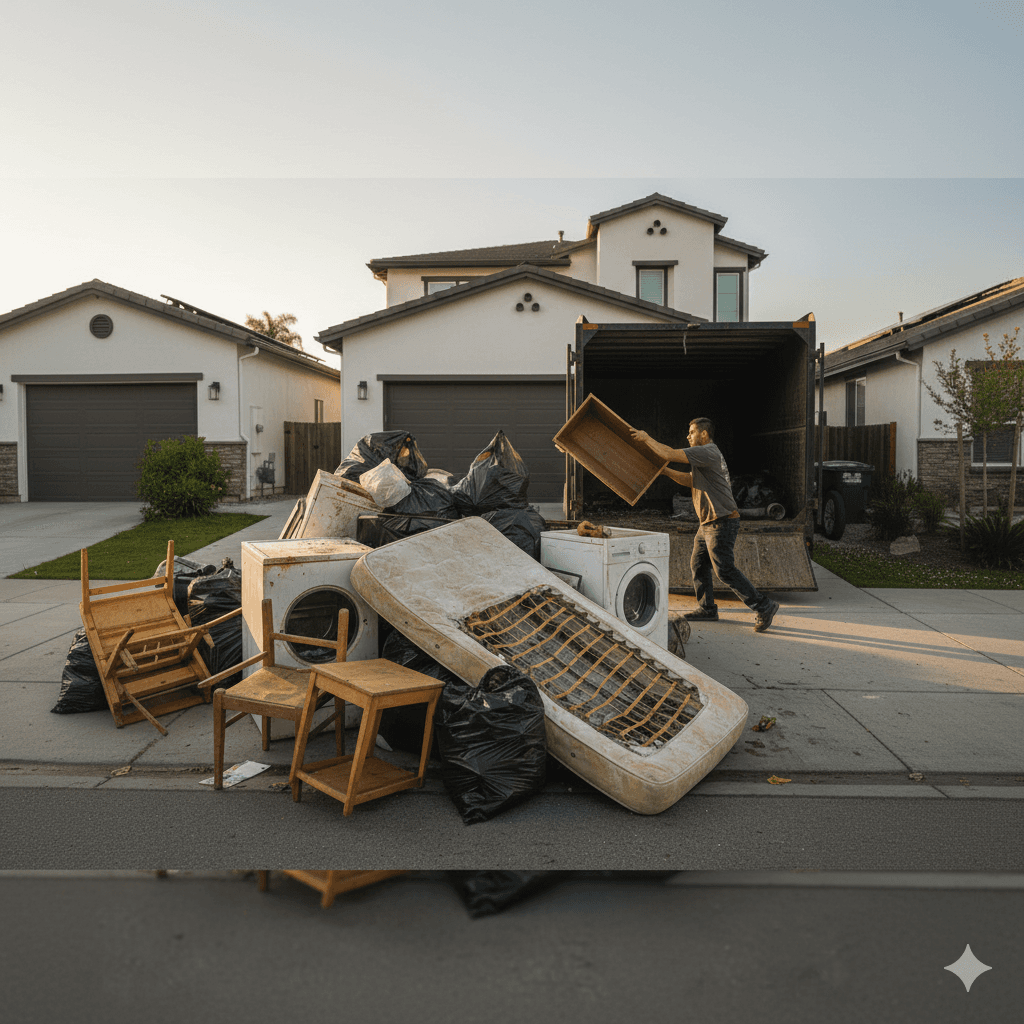 Hauling truck being loaded outside a modern home